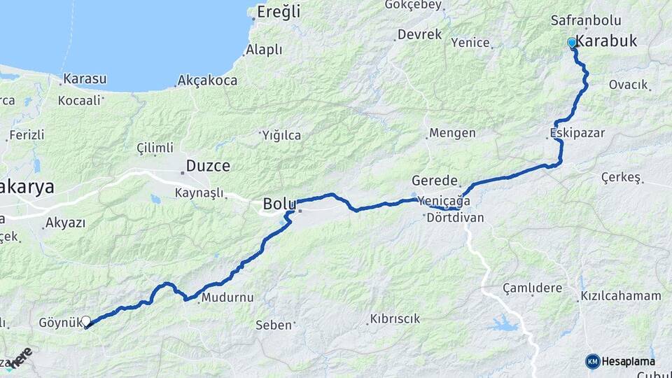 Karabük Göynük Bolu Arası Kaç Km - Yol Haritası