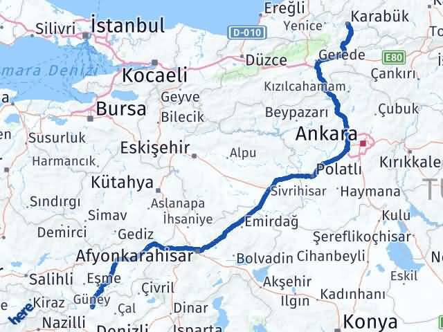 Karabük Güney Denizli Arası Kaç Km - Yol Haritası