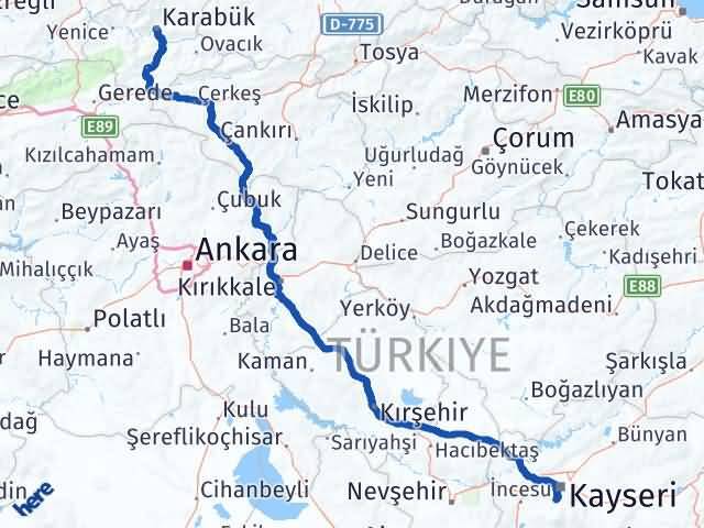 Karabük Hacılar Kayseri Arası Kaç Km - Yol Haritası