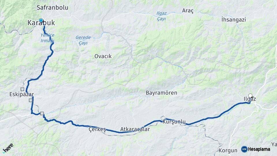 Karabük Ilgaz Çankırı Arası Kaç Km - Yol Haritası