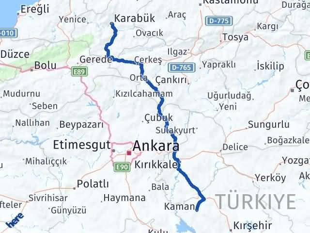 Karabük Kaman Kırşehir Arası Kaç Km - Yol Haritası