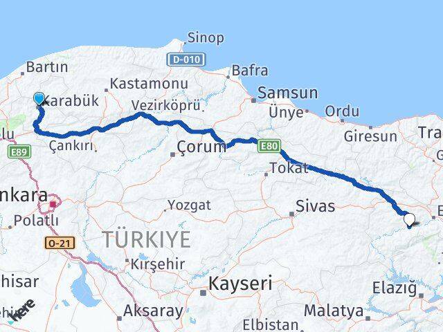 Karabük Kemah Erzincan Arası Kaç Km - Yol Haritası