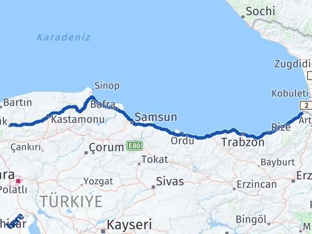 Karabük Kemalpaşa Artvin Arası Kaç Km - Yol Haritası