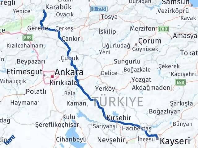 Karabük Kocasinan Kayseri Arası Kaç Km - Yol Haritası