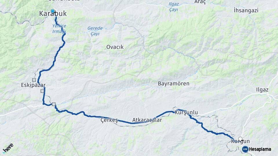 Karabük Korgun Çankırı Arası Kaç Km - Yol Haritası