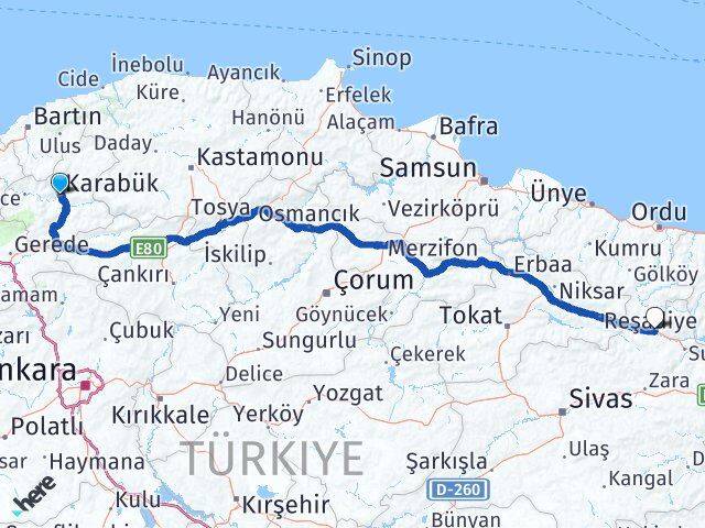 Karabük Koyulhisar Sivas Arası Kaç Km - Yol Haritası