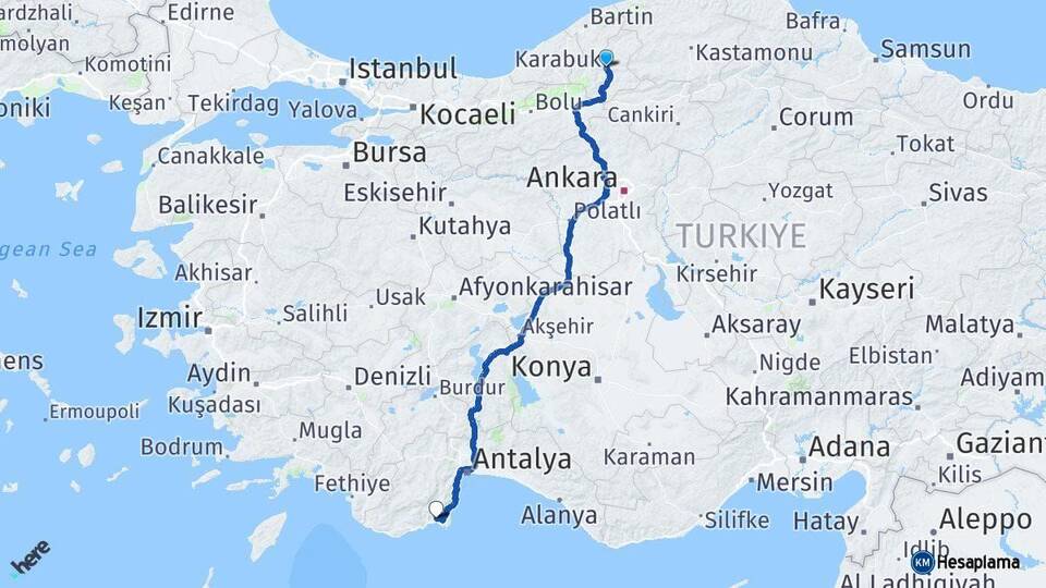 Karabük Kumluca Antalya Arası Kaç Km - Yol Haritası