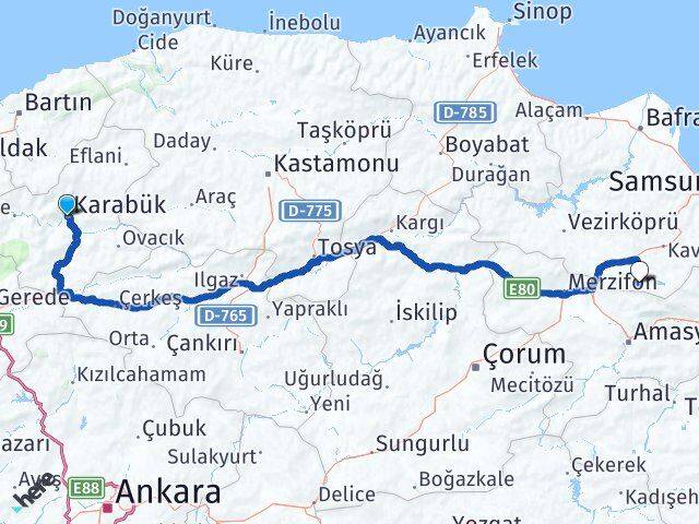 Karabük Ladik Samsun Arası Kaç Km - Yol Haritası