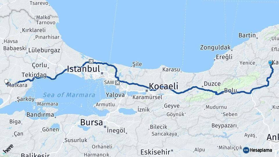 Karabük Malkara Tekirdağ Arası Kaç Km - Yol Haritası