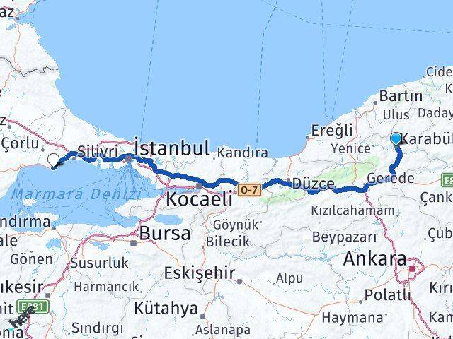 Karabük Marmaraereğlisi Tekirdağ Arası Kaç Km - Yol Haritası