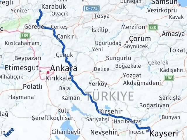 Karabük Melikgazi Kayseri Arası Kaç Km - Yol Haritası