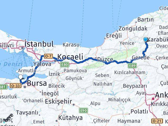 Karabük Mudanya Bursa Arası Kaç Km - Yol Haritası