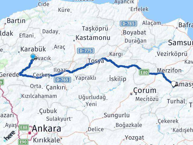 Karabük Ovacık Amasya Arası Kaç Km - Yol Haritası