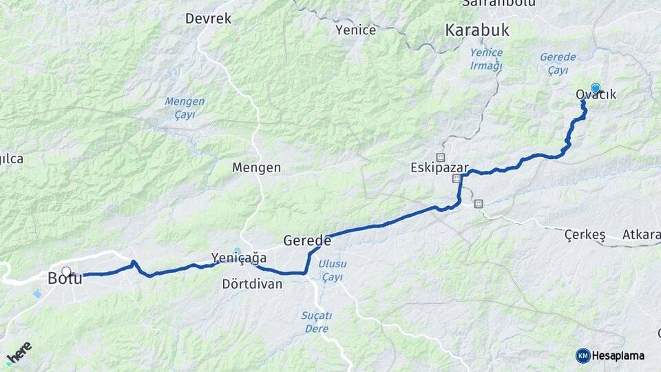 Karabük Ovacık Bolu Arası Kaç Km - Yol Haritası
