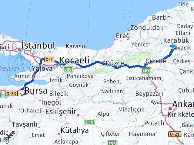 Karabük Ovacık Bursa Arası Kaç Km - Yol Haritası