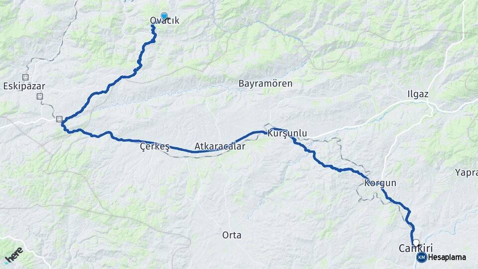 Karabük Ovacık Çankırı Arası Kaç Km - Yol Haritası