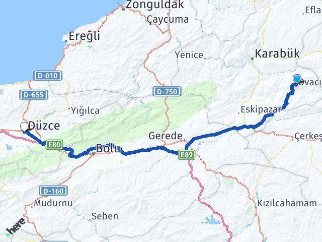 Karabük Ovacık Düzce Arası Kaç Km - Yol Haritası