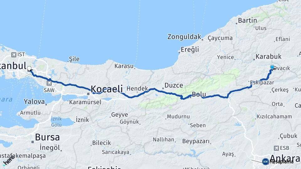 Karabük Ovacık İstanbul Arası Kaç Km - Yol Haritası