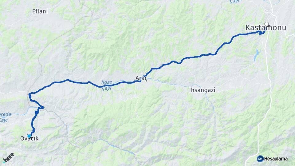 Karabük Ovacık Kastamonu Arası Kaç Km - Yol Haritası