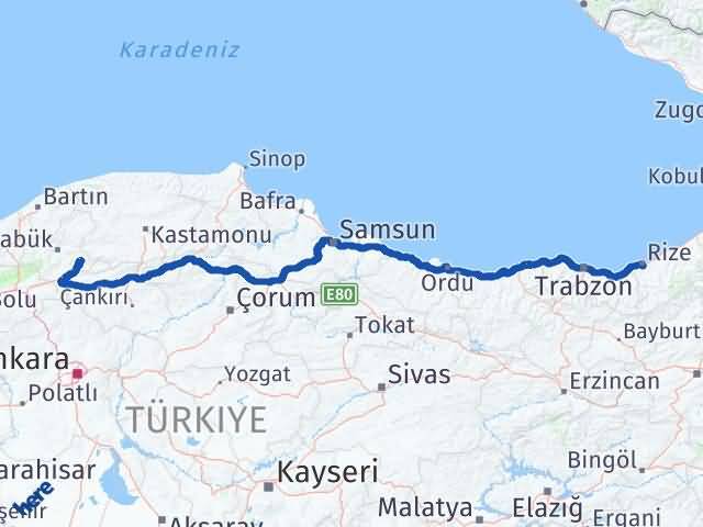 Karabük Ovacık Rize Arası Kaç Km - Yol Haritası