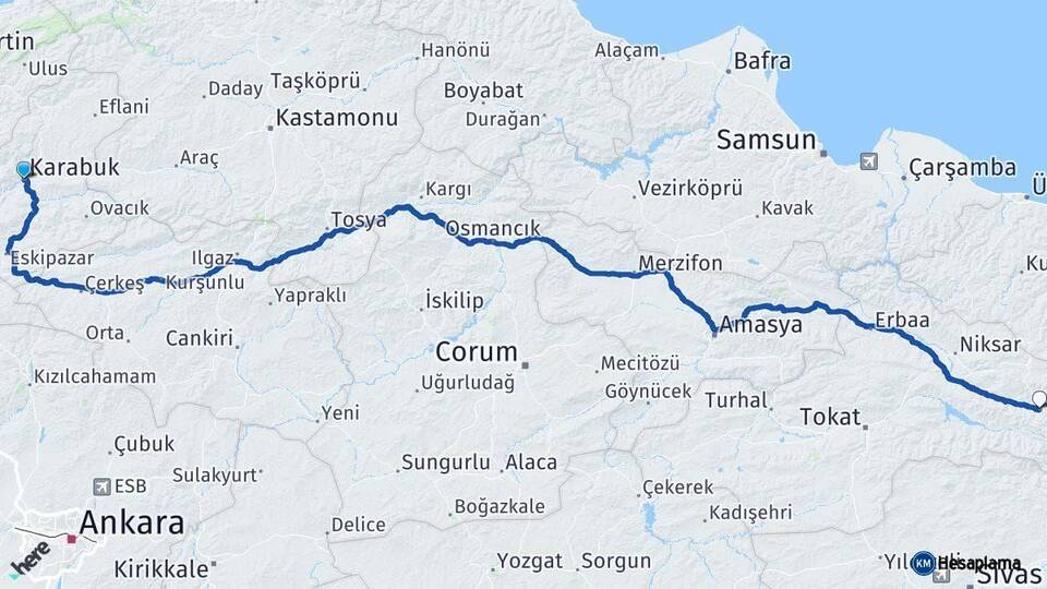 Karabük Reşadiye Tokat Arası Kaç Km - Yol Haritası