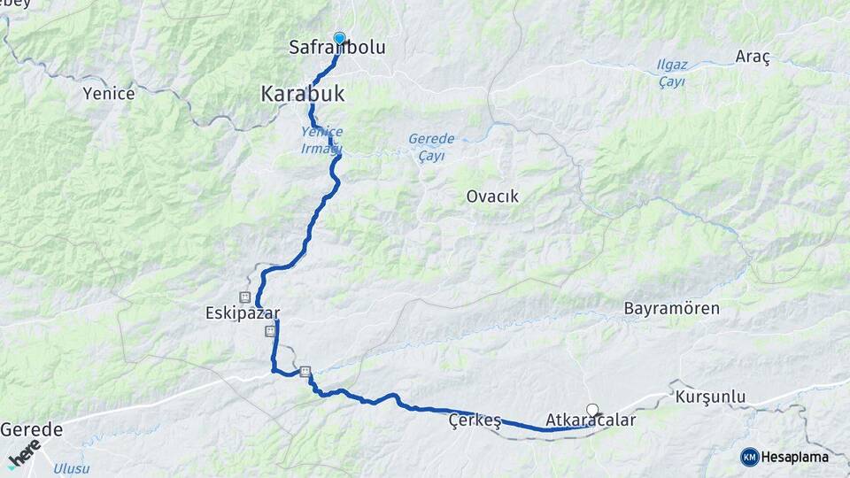 Karabük Safranbolu Atkaracalar Çankırı Arası Kaç Km - Yol Haritası