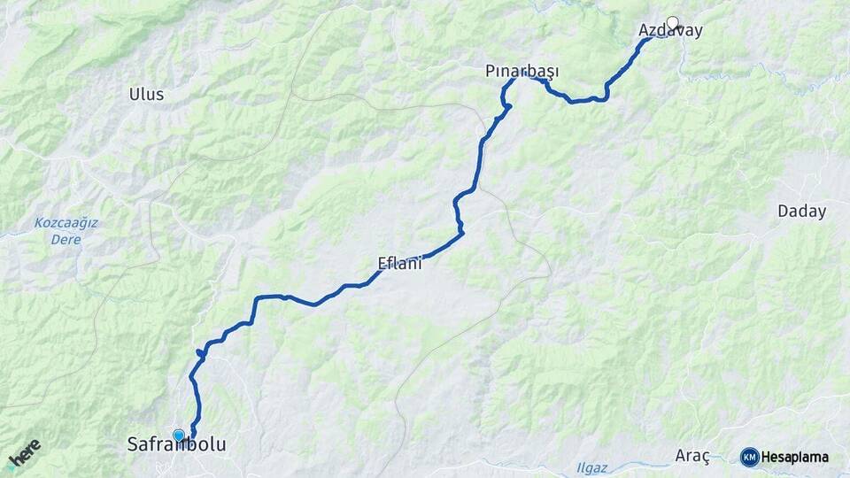 Karabük Safranbolu Azdavay Kastamonu Arası Kaç Km - Yol Haritası