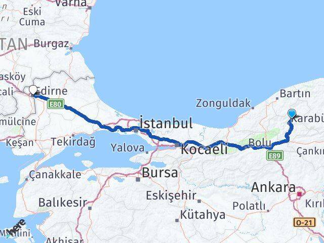 Karabük Safranbolu Edirne Arası Kaç Km - Yol Haritası