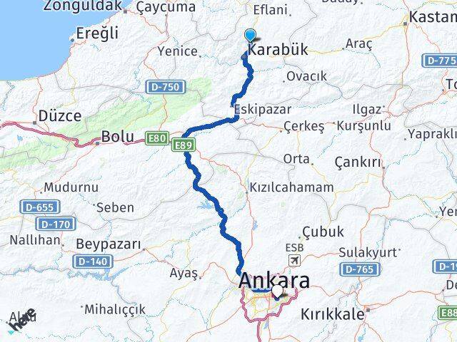Karabük Safranbolu Esentepe Çankaya Ankara Arası Kaç Km - Yol Haritası