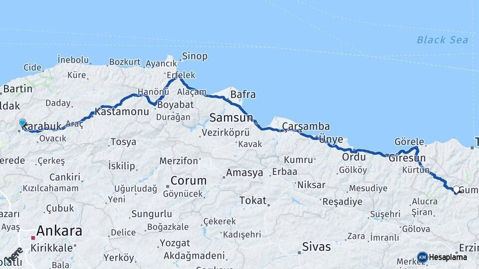 Karabük Safranbolu Gümüşhane Arası Kaç Km - Yol Haritası