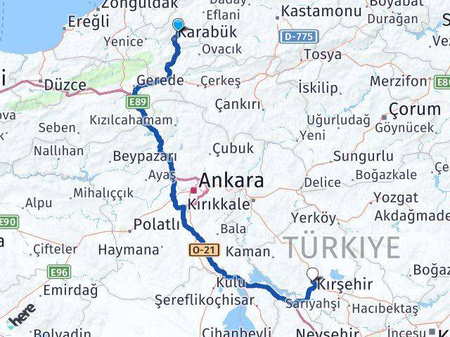 Karabük Safranbolu Kırşehir Arası Kaç Km - Yol Haritası