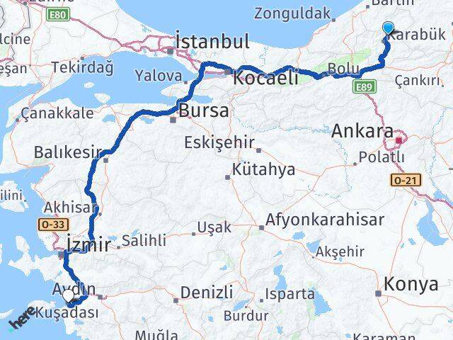 Karabük Safranbolu Kuşadası Aydın Arası Kaç Km - Yol Haritası