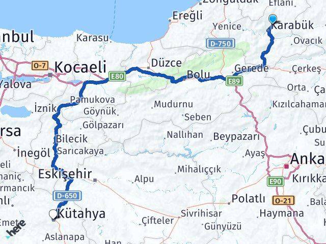 Karabük Safranbolu Kütahya Arası Kaç Km - Yol Haritası