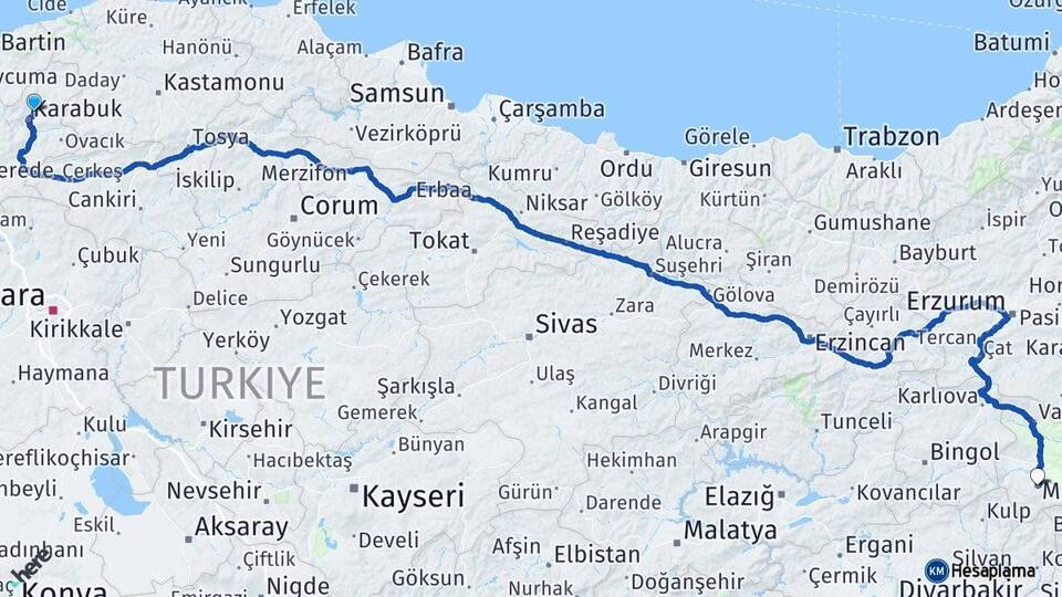 Karabük Safranbolu Muş Arası Kaç Km - Yol Haritası