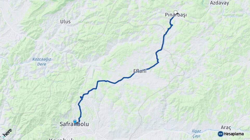 Karabük Safranbolu Pınarbaşı Kastamonu Arası Kaç Km - Yol Haritası