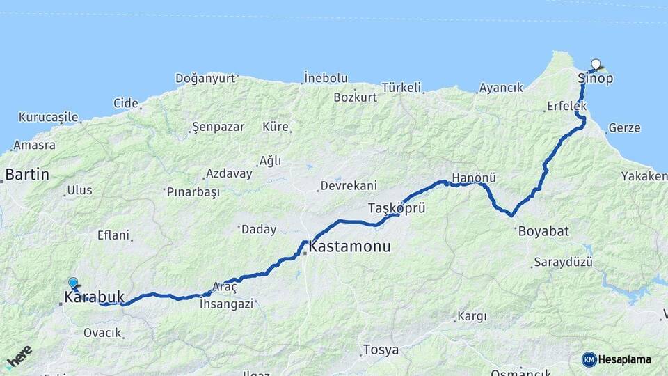 Karabük Safranbolu Sinop Arası Kaç Km - Yol Haritası