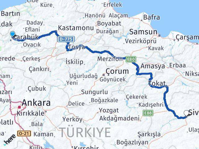 Karabük Safranbolu Sivas Arası Kaç Km - Yol Haritası