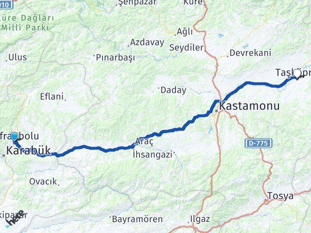Karabük Safranbolu Taşköprü Kastamonu Arası Kaç Km - Yol Haritası