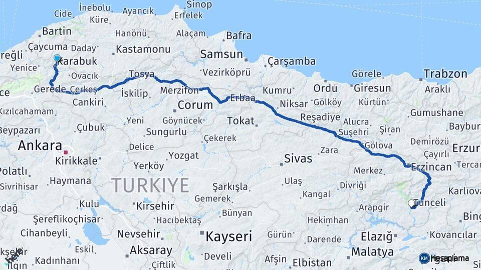 Karabük Safranbolu Tunceli Arası Kaç Km - Yol Haritası