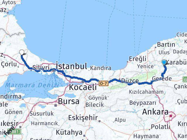 Karabük Saray Tekirdağ Arası Kaç Km - Yol Haritası