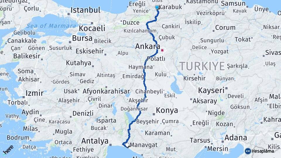 Karabük Side Manavgat Antalya Arası Kaç Km - Yol Haritası