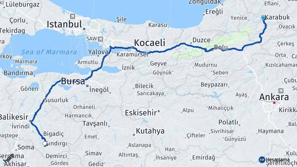 Karabük Sındırgı Balıkesir Arası Kaç Km - Yol Haritası