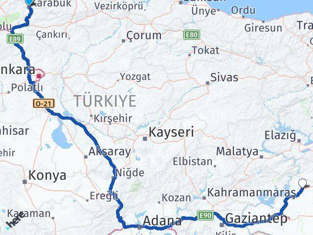 Karabük Siverek Şanlıurfa Arası Kaç Km - Yol Haritası