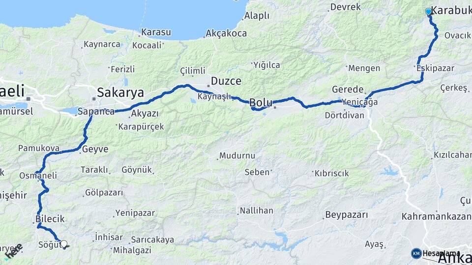 Karabük Söğüt Bilecik Arası Kaç Km - Yol Haritası
