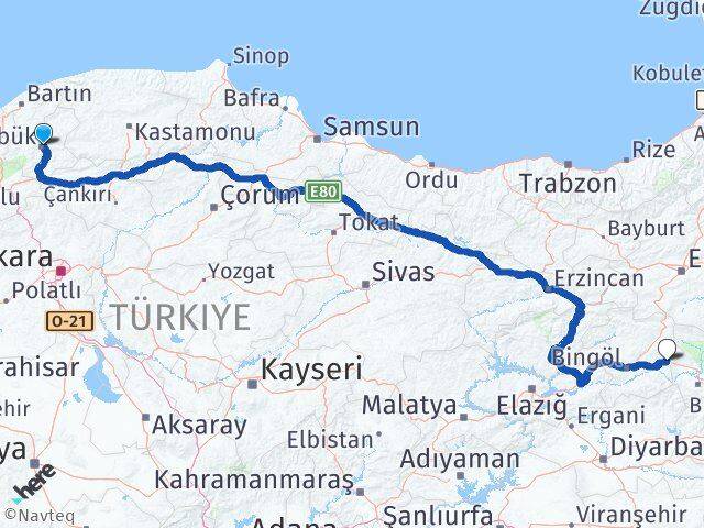 Karabük Solhan Bingöl Arası Kaç Km - Yol Haritası