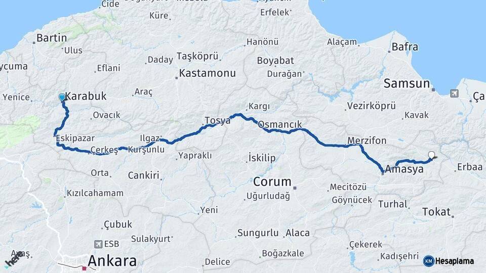 Karabük Taşova Amasya Arası Kaç Km - Yol Haritası