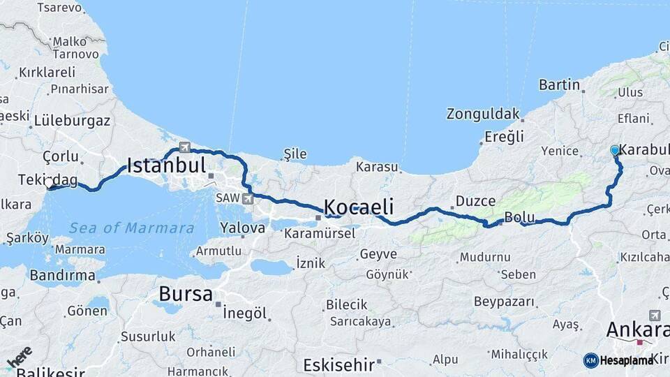 Karabük Tekirdağ Arası Kaç Km - Yol Haritası