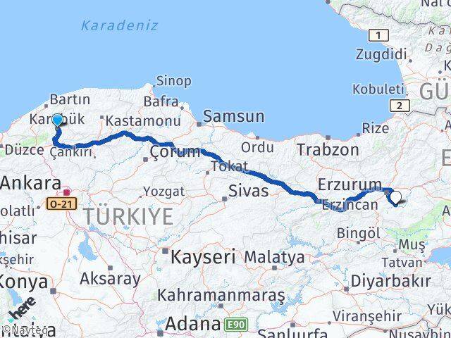 Karabük Tekman Erzurum Arası Kaç Km - Yol Haritası