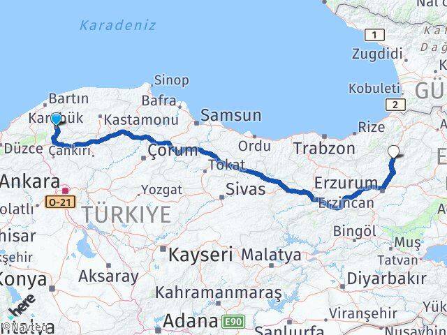 Karabük Uzundere Erzurum Arası Kaç Km - Yol Haritası