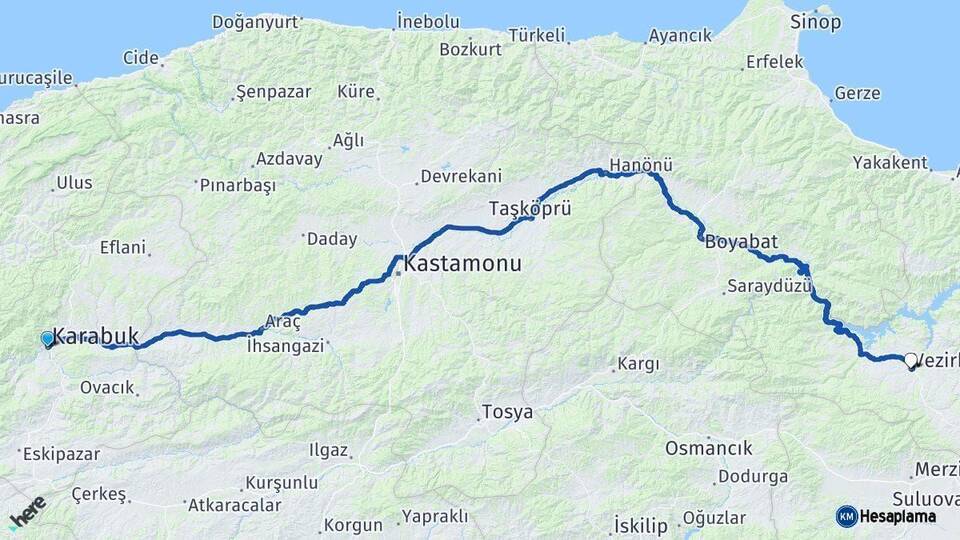 Karabük Vezirköprü Samsun Arası Kaç Km - Yol Haritası